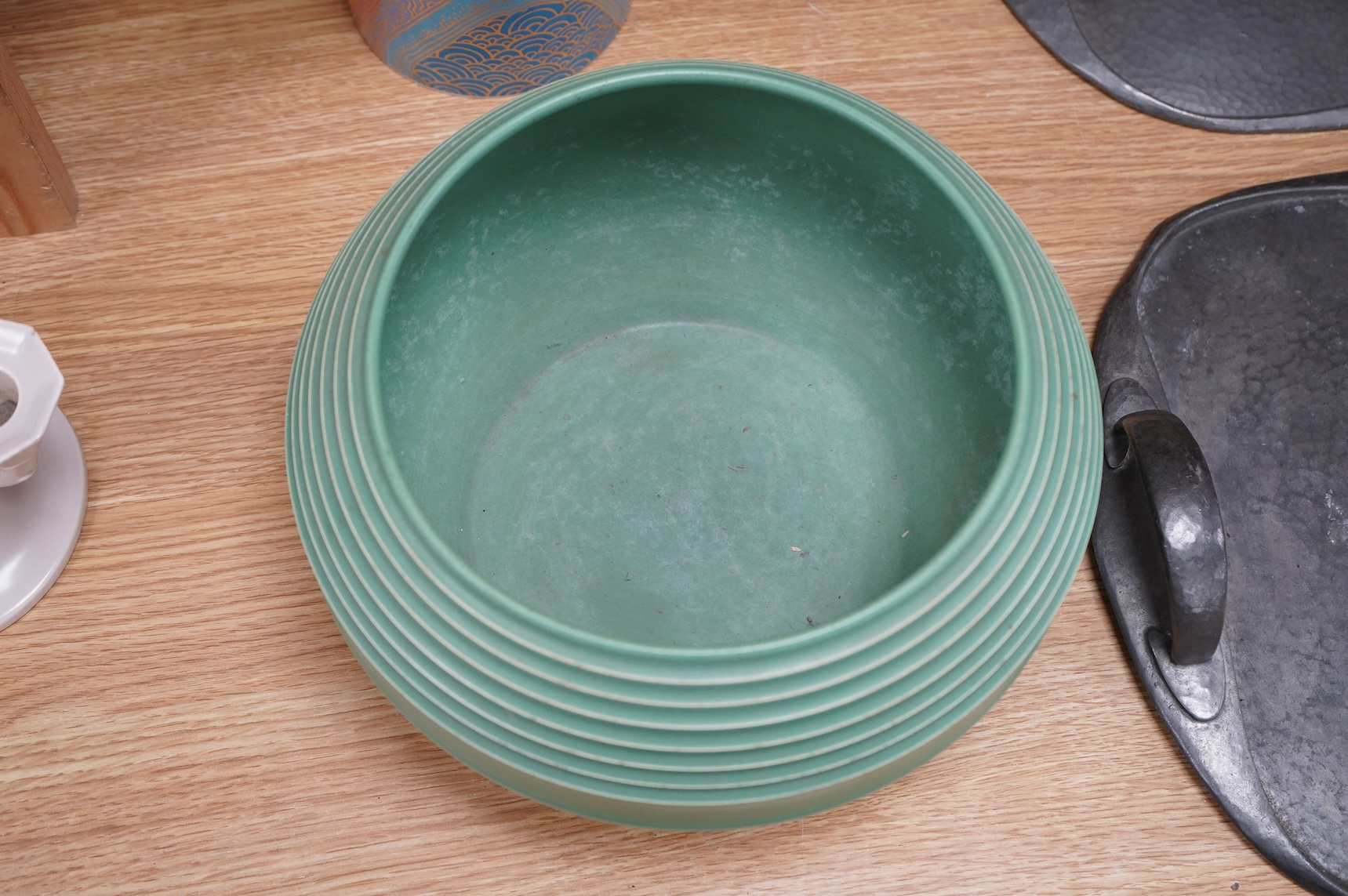 Keith Murray for Wedgwood green glazed ribbed bowl, signed and stamped to the base, 25cm in diameter